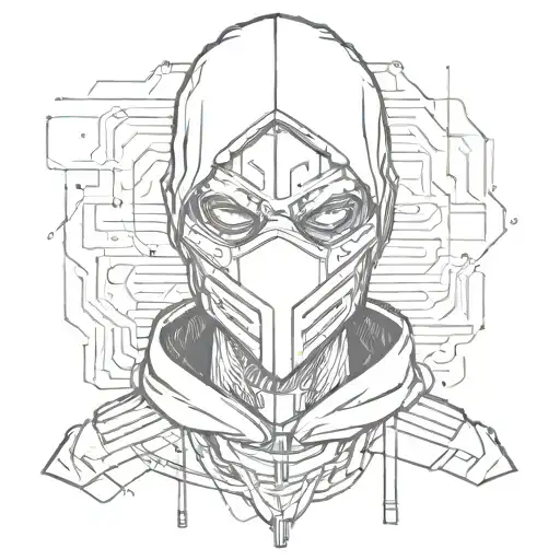 Sketch-style tattoo of a hacker wearing a mask and surrounded by code tattoo design idea