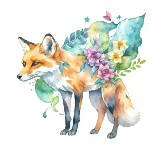 fox, flowers, leaves, feathers, stars, watercolor, symbols, sky, birds, books tattoo design idea