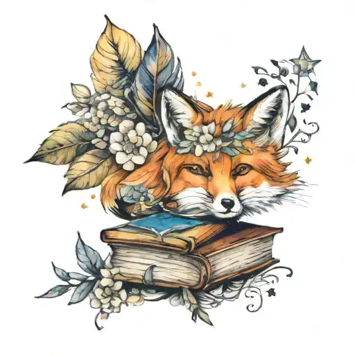 fox, flowers, leaves, feathers, stars, watercolor, symbols, sky, birds, books tattoo design idea