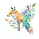 fox, flowers, leaves, feathers, stars, watercolor, symbols, sky, birds, books tattoo design idea