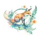 fox, flowers, leaves, feathers, stars, watercolor, symbols, sky, birds, books tattoo design idea