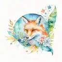 fox, flowers, leaves, feathers, stars, watercolor, symbols, sky, birds, books tattoo design idea