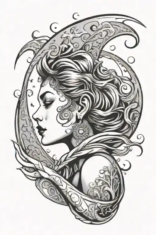 woman and moon shining tattoo design idea