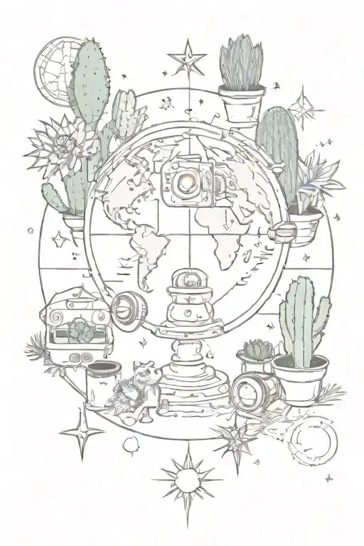 globe, camera, cat paws, family, cactus, star, alters, compass, tattoo design idea