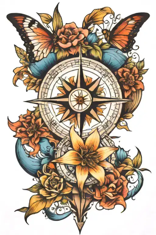 lily, compass rose, animals, family, geography tattoo design idea