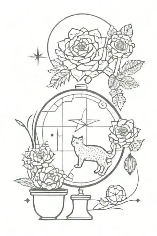 central flower, globe, camera, cat, family, cactus, star, alters, compass, tattoo design idea