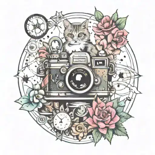central flower, globe, camera, cat, family, cactus, star, alters, compass, tattoo design idea