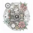 central flower, globe, camera, cat, family, cactus, star, alters, compass, tattoo design idea
