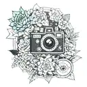 central flower, globe, camera, cat, family, cactus, star, alters, compass, tattoo design idea