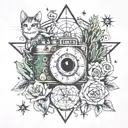 central flower, globe, camera, cat, family, cactus, star, alters, compass, tattoo design idea