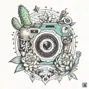 central flower, globe, camera, cat, family, cactus, star, alters, compass, tattoo design idea