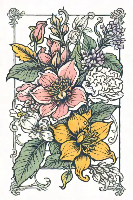 birth flower combined april, july, august  tattoo design idea
