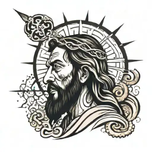Imagine a mythical image of jesus for old school tattoo, with the sun behind, but a mixed jesus, mixing the traces of th tattoo design idea
