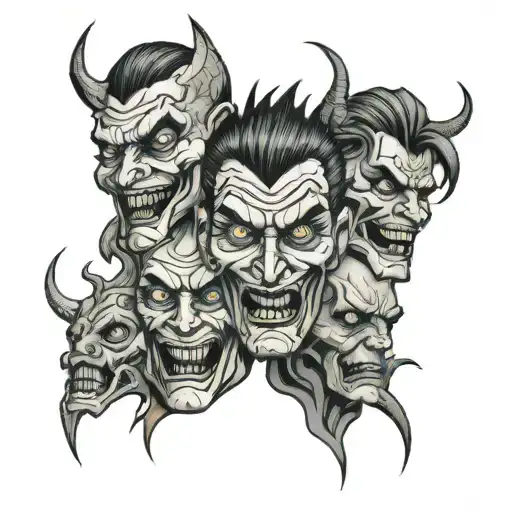 three faces, one grimacing, serious and malicious tattoo design idea