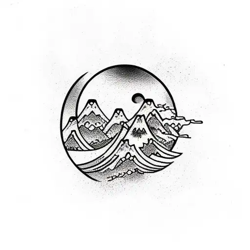 waves with mountains and sun tattoo design idea