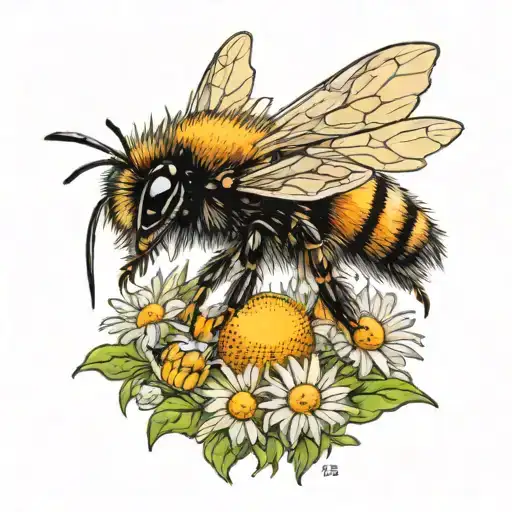 A bumblebee flying among a field of daisies with a crown on its head, symbolizing leadership tattoo design idea