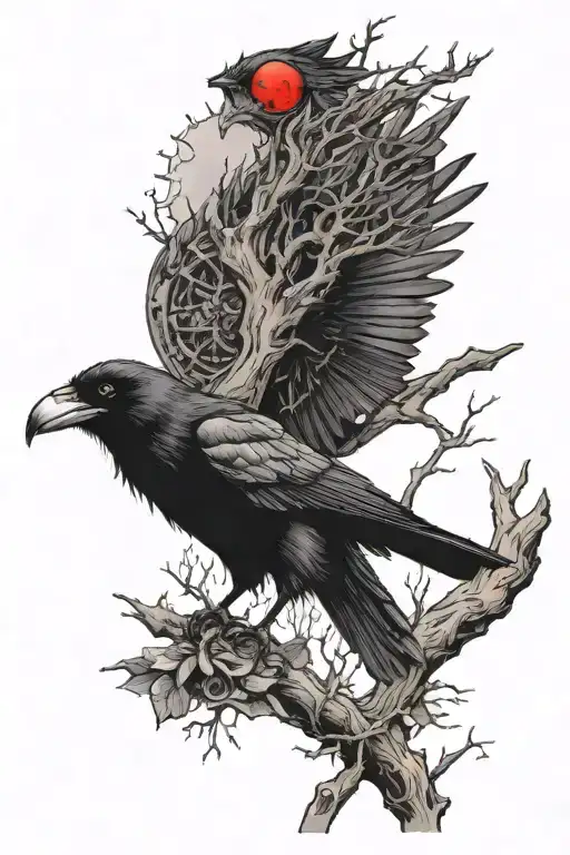a crow with red eyes In a tree and a hunter with a cross bow sneaking around and it says wake up somewhere  tattoo design idea