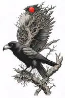 a crow with red eyes In a tree and a hunter with a cross bow sneaking around and it says wake up somewhere  tattoo design idea