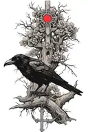 a crow with red eyes In a tree and a hunter with a cross bow sneaking around and it says wake up somewhere  tattoo design idea