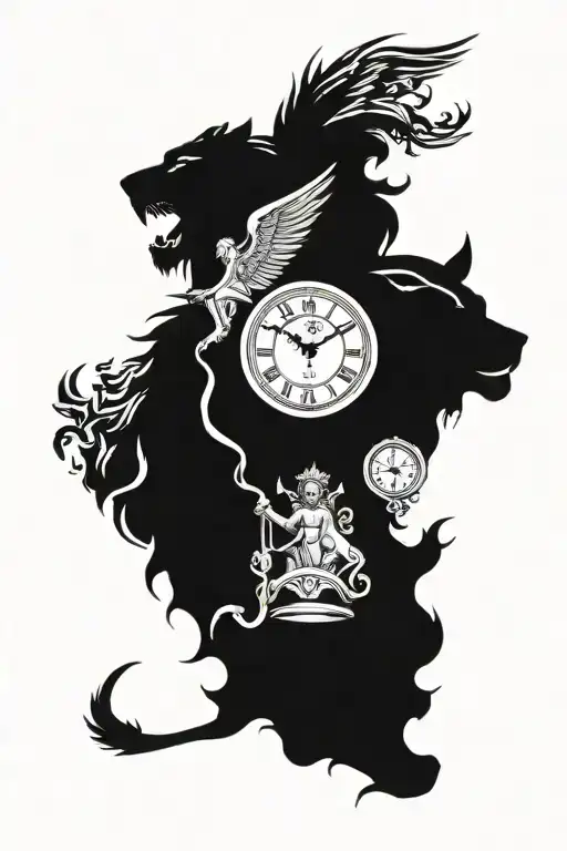angel, crosses, clock, lion, wolf tattoo design idea