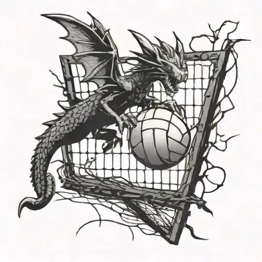 A dragon diving to spike a volleyball over a net tattoo design idea