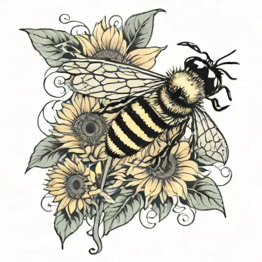 bee and sunflower blooming tattoo design idea