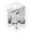 Highway leading up to mountain with truck on highway and 3 crosses on the top of the mountain with the clouds opening up tattoo design idea