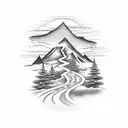 Highway leading up to mountain with truck on highway and 3 crosses on the top of the mountain with the clouds opening up tattoo design idea