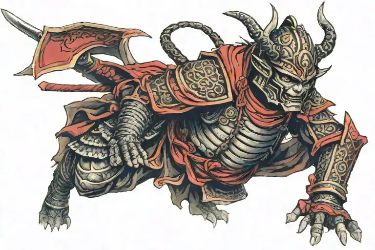 Demon Samurai wearing red and black armour tattoo design idea