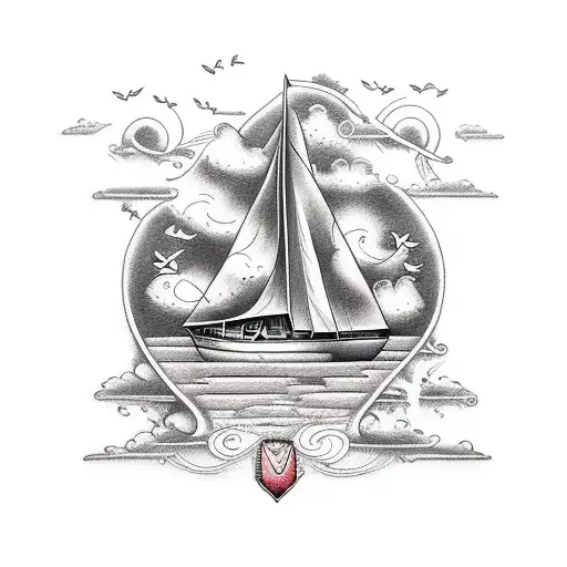 sail boat with frog and sparrow tattoo design idea