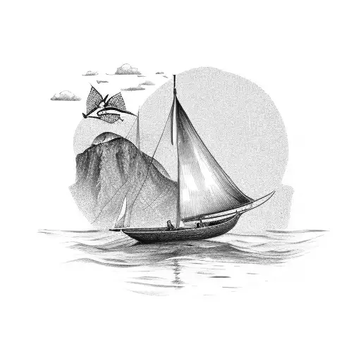 sail boat with frog and sparrow tattoo design idea