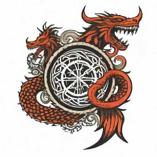 Incorporate the Vegvisir or other Viking runes into a circular design, surrounded by a serpent or dragon, symbolizing pr tattoo design idea