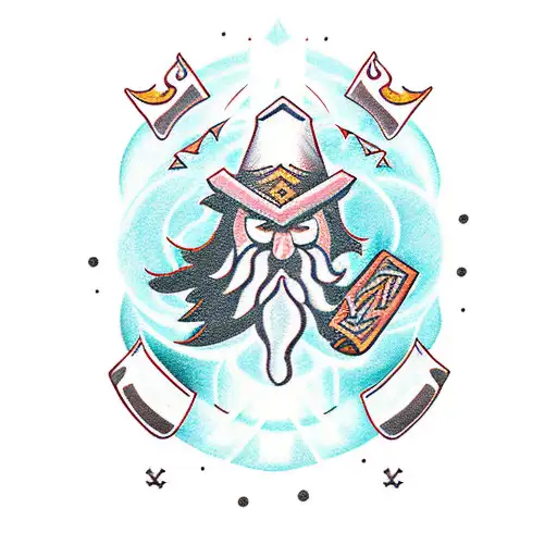 wizard in forest with runes mythological tattoo design idea