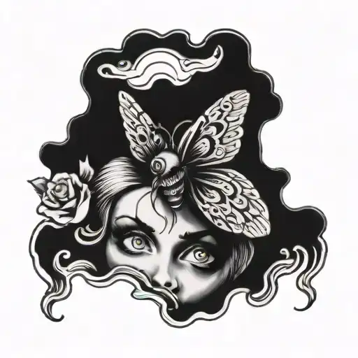 A moth flying towards a funeral pyre in the shape of a womans eyes  tattoo design idea