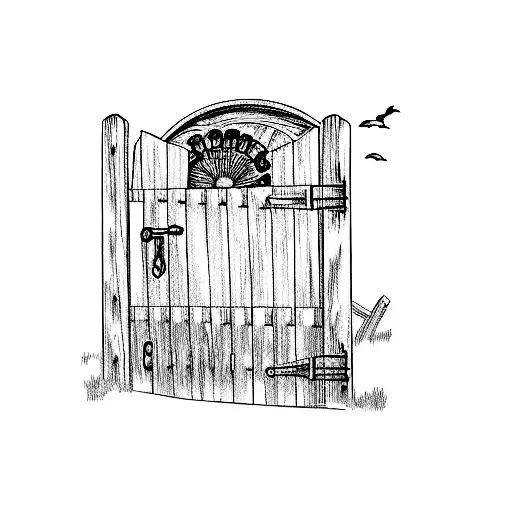 a wooden gate with a wagon wheel in it and horse show latch and a license plate mounted "Back 4T" tattoo design idea