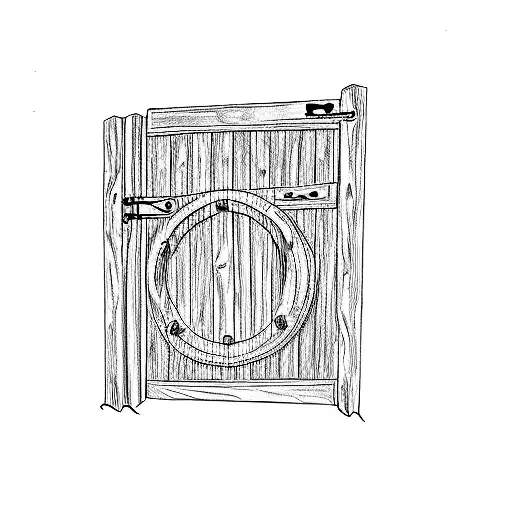 a wooden gate with a wagon wheel in it and horse show latch and a license plate mounted "Back 4T" tattoo design idea