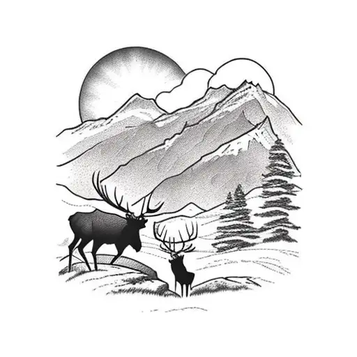 Mountain Scene with elk and deer, with Montana border outline tattoo design idea