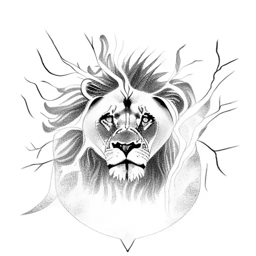 A majestic lion standing on a mountain peak, surrounded by dark clouds and lightning bolts tattoo design idea