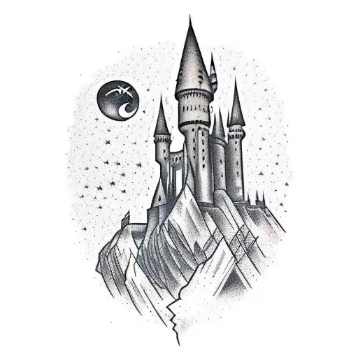 A Hogwarts castle silhouette against a night sky filled with constellations tattoo design idea