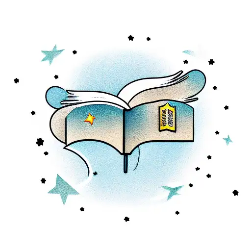 Magical library with floating books and a shooting star tattoo design idea