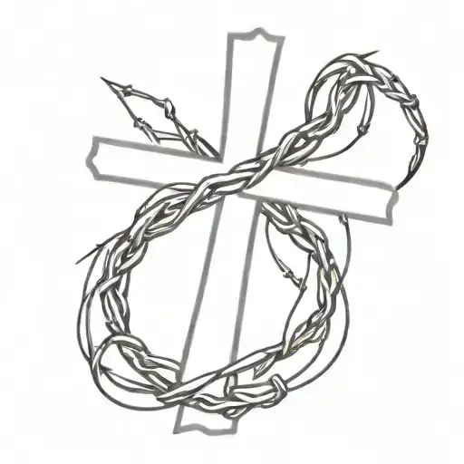 A minimalist design of a cross intertwined with barbed wire, symbolizing the struggles and strength of faith tattoo design idea
