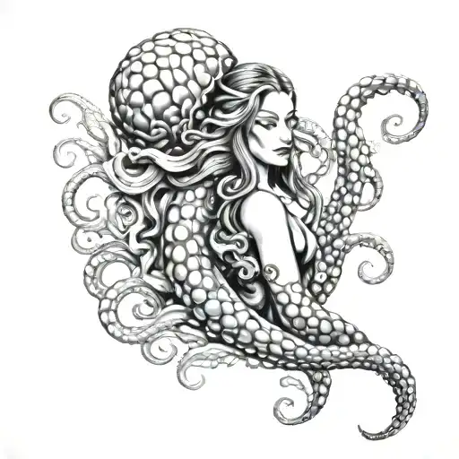 sirena en el fondo del mar mas un pulpo separado, con una escafandra en su cabeza y una brujula colgando del pulpo tattoo design idea