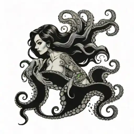 Black and grey sirena en el fondo del mar mas un pulpo separado, con una escafandra en su cabeza y una brujula colgando  tattoo design idea