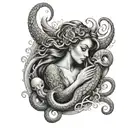sirena en el fondo del mar y un pulpo separado, con una escafandra en su cabeza y una brujula colgando del pulpo tattoo design idea