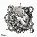 sirena en el fondo del mar y un pulpo separado, con una escafandra en su cabeza y una brujula colgando del pulpo tattoo design idea