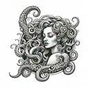 sirena en el fondo del mar y un pulpo separado, con una escafandra en su cabeza y una brujula colgando del pulpo tattoo design idea
