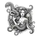 sirena en el fondo del mar y un pulpo separado, con una escafandra en su cabeza y una brujula colgando del pulpo tattoo design idea