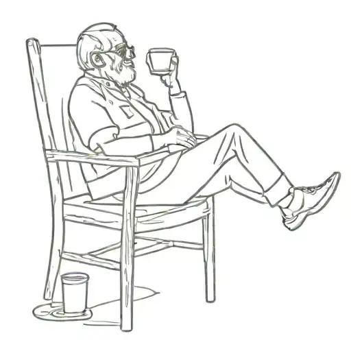 old man sitting on a chair spitting out a cup of coffee with his legs stretched  tattoo design idea