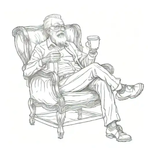 old man sitting in a chair spitting out a cup of coffee with legs open tattoo design idea
