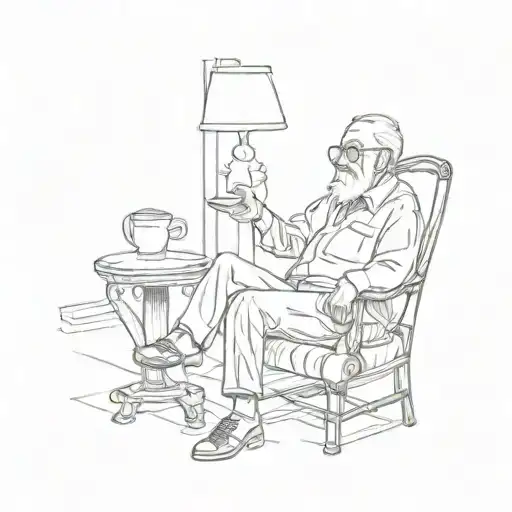 old man sitting on a chair spitting out a cup of coffee with his legs stretched  tattoo design idea